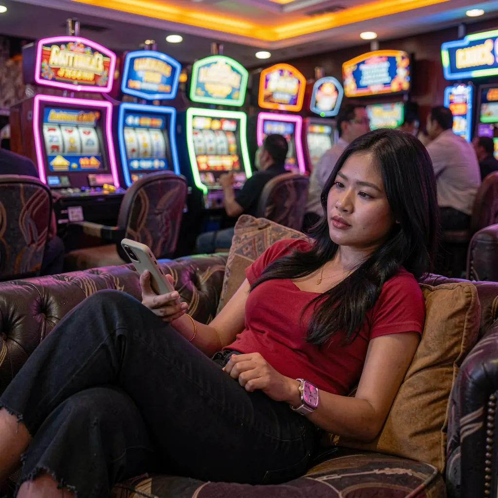 Stylish Filipino woman browsing casino games on the DDPh app while relaxing on a leather couch with glowing slot machines behind her