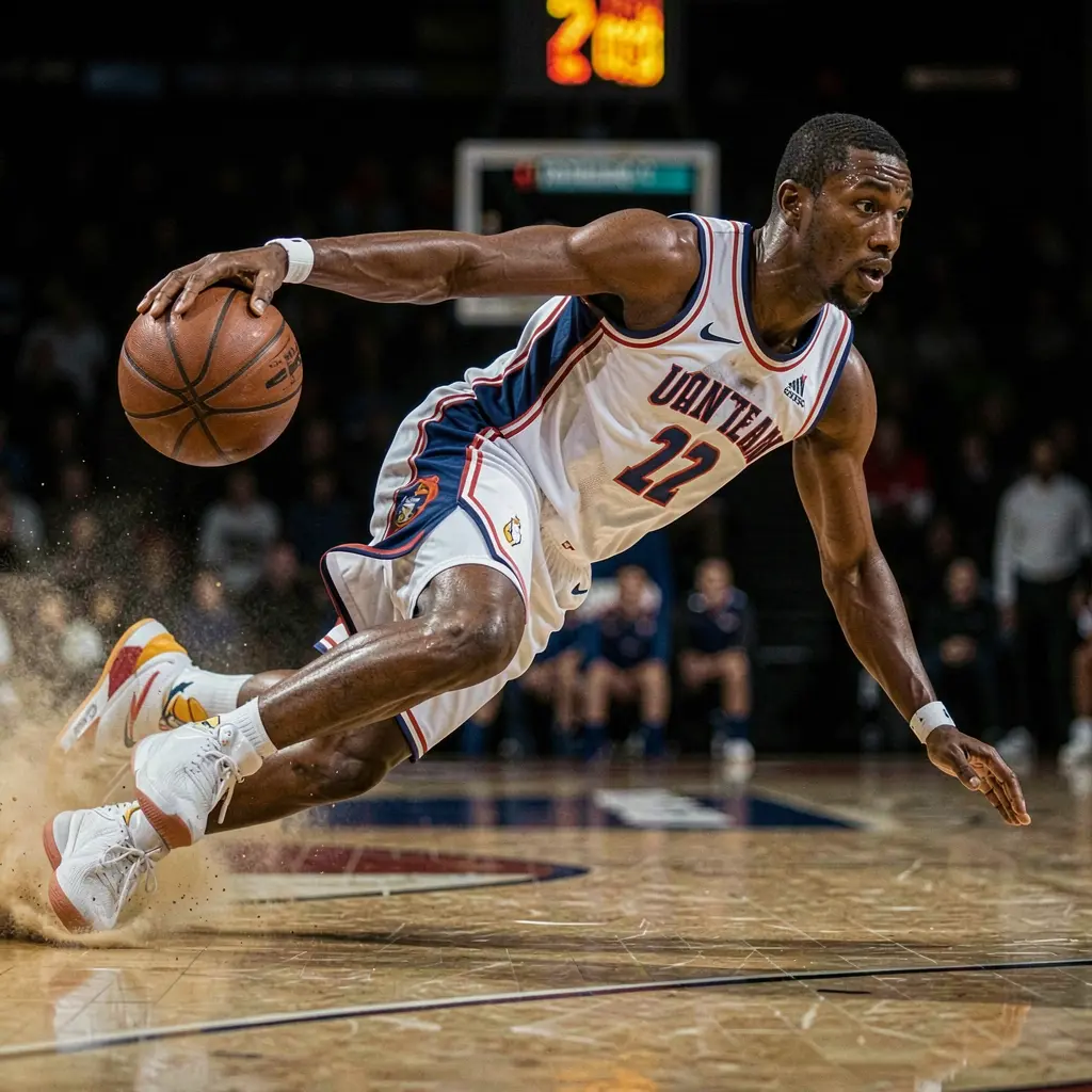 Dynamic image of a basketball player diving for the ball during an intense game highlighting real time action betting with DDPH in the Philippines