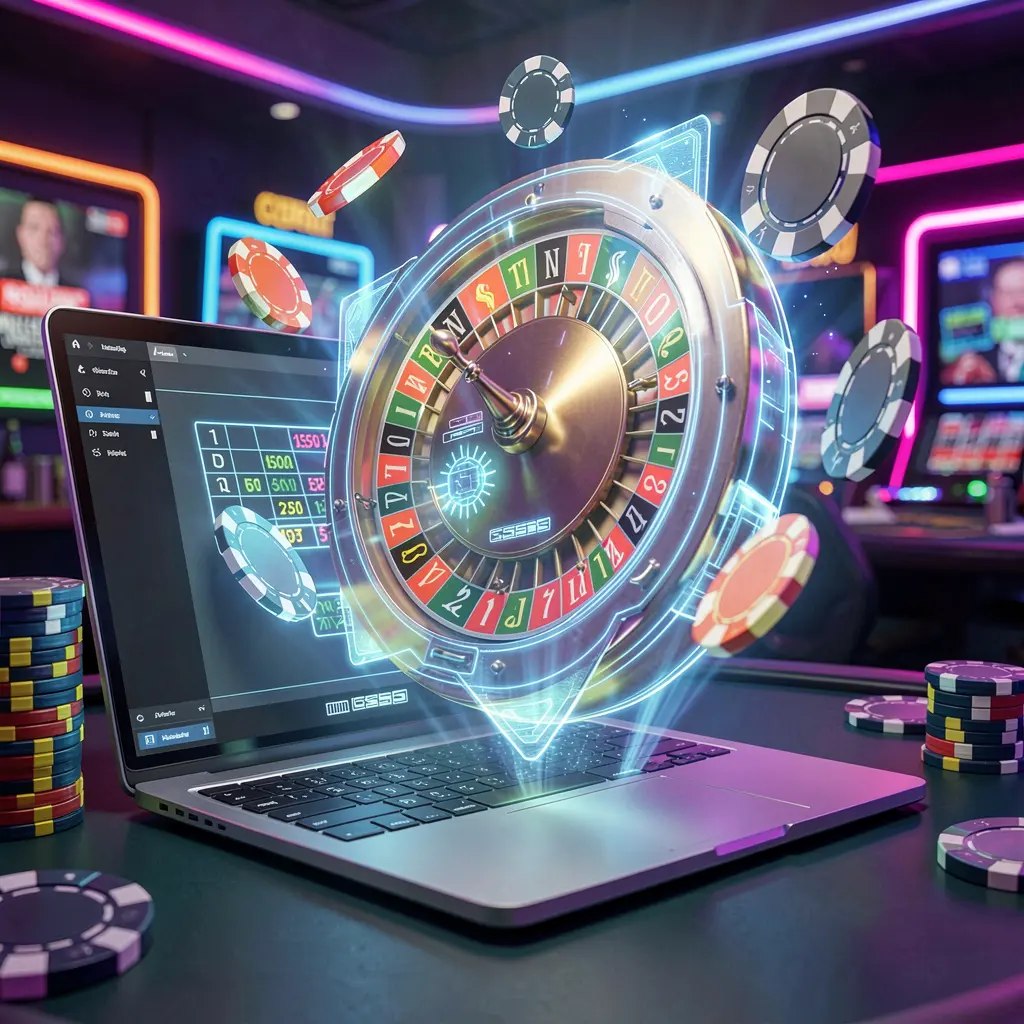 A sleek laptop projecting a glowing roulette wheel with floating casino chips symbolizing secure and innovative online gaming at DDPH Philippines