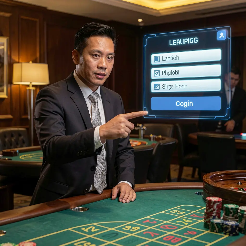 Stylish casino dealer pointing at a glowing holographic login panel with a roulette table behind him representing secure access at DDPH Philippines
