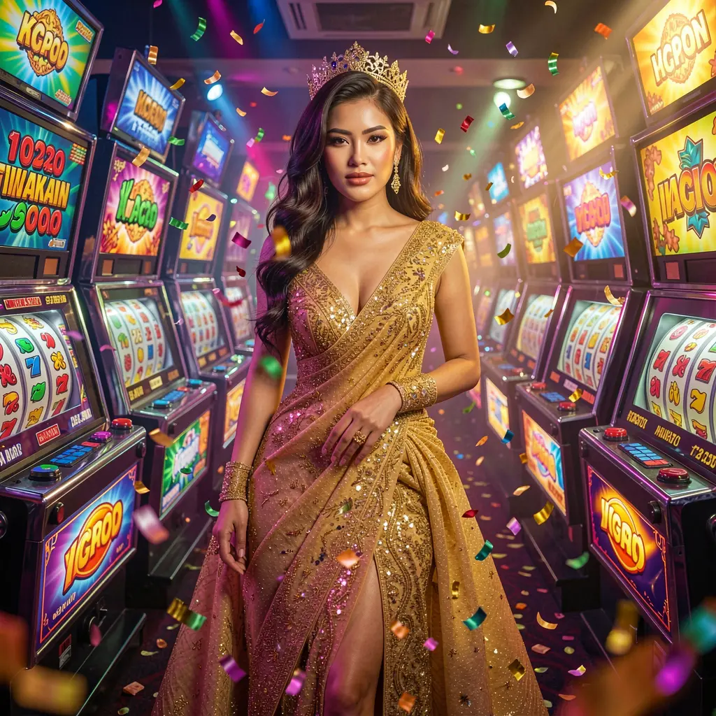 A glamorous woman in a sparkling gold dress surrounded by glowing slot machines creating a luxury casino atmosphere at DDPH for players in the Philippines